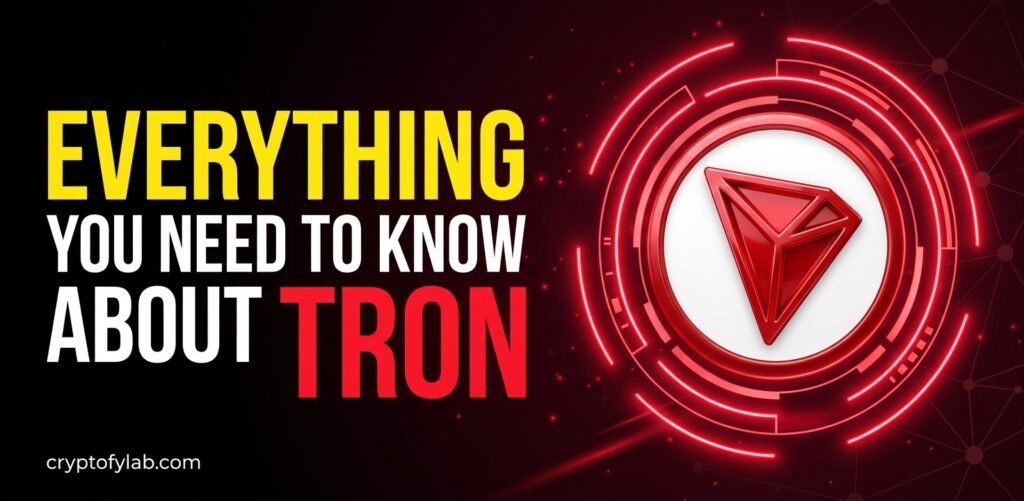 TRON TRX cryptocurrency guide featuring the red TRON logo on a dark background