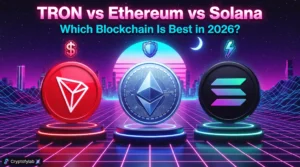 Side-by-side comparison of TRON, Ethereum and Solana coins highlighting fees, speed and security icons