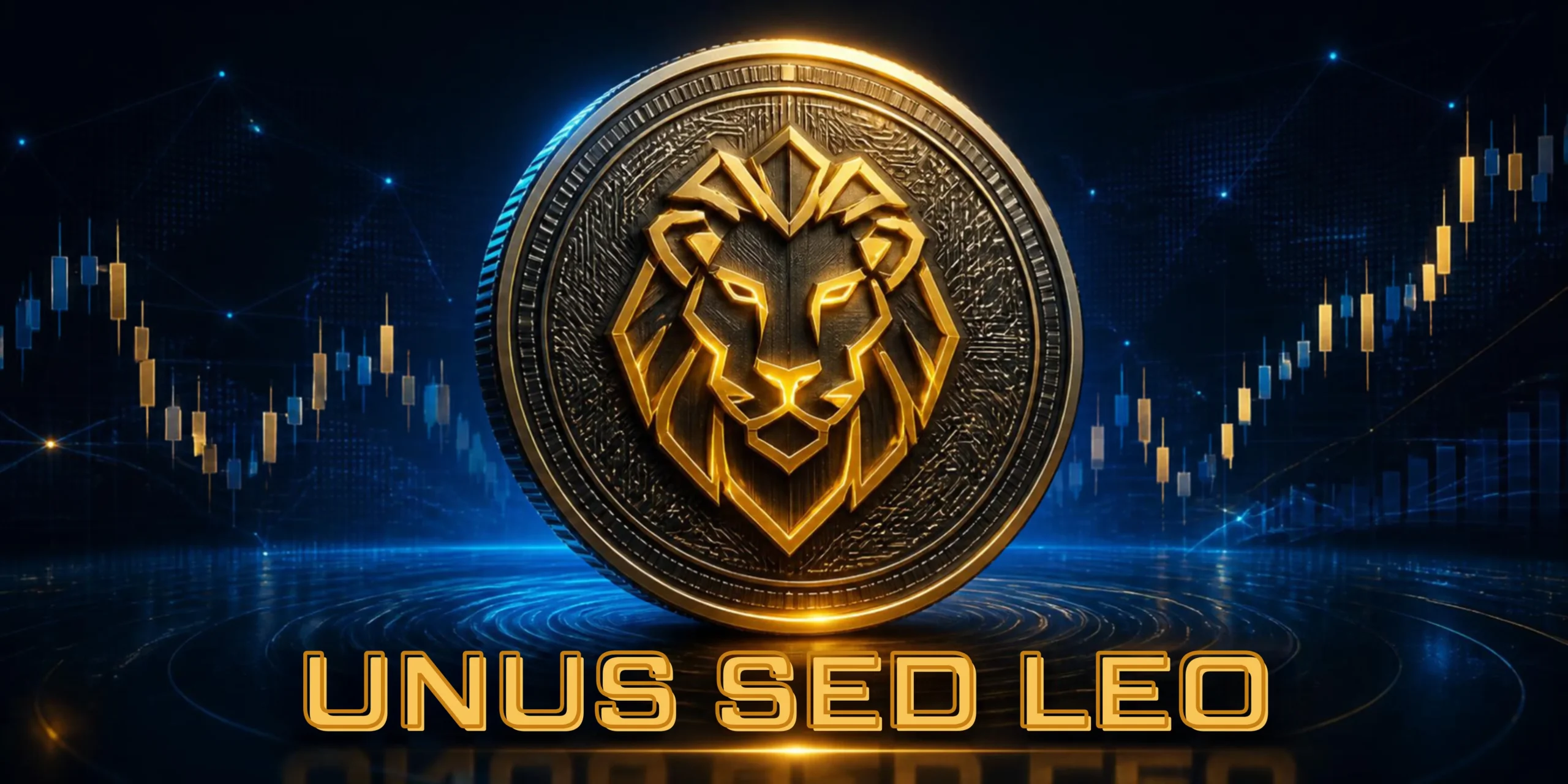 A promotional image for UNUS SED LEO cryptocurrency showing a dark coin with a gold geometric lion logo in the center over a blue financial candlestick chart background with text outlining CEX token features.