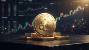 UNUS SED LEO token with gold bars and cryptocurrency market chart