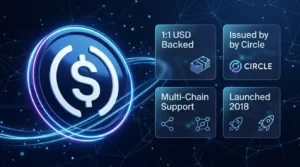 USDC stablecoin infographic showing 1:1 USD backing, Circle issuer, multi-chain support and 2018 launch