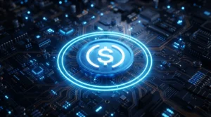 Large blue USDC stablecoin on a glowing road with futuristic city skyline and holographic world map