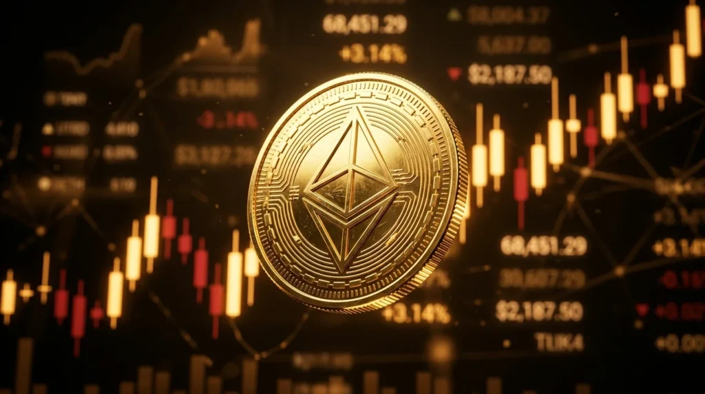 Golden BNB coin in front of a glowing candlestick price chart showing BNB market trends