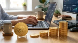 Golden BNB coin beside rising stacks of coins while a person trades crypto on a laptop