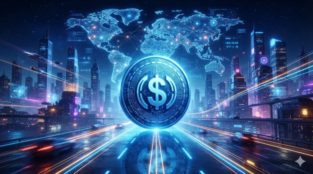 USD Coin USDC stablecoin token glowing on a futuristic blue circuit board