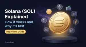 Solana ecosystem illustration with wallet, NFT, chart and security shield icons around a golden SOL coin
