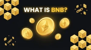Illustration with the text "What is BNB?" surrounded by golden BNB coins and blockchain blocks