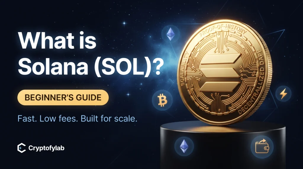 Golden Solana (SOL) coin with blockchain icons on a dark background, beginner's guide to Solana