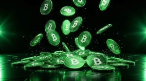 Green Bitcoin Cash (BCH) coins falling onto a stack on a black background