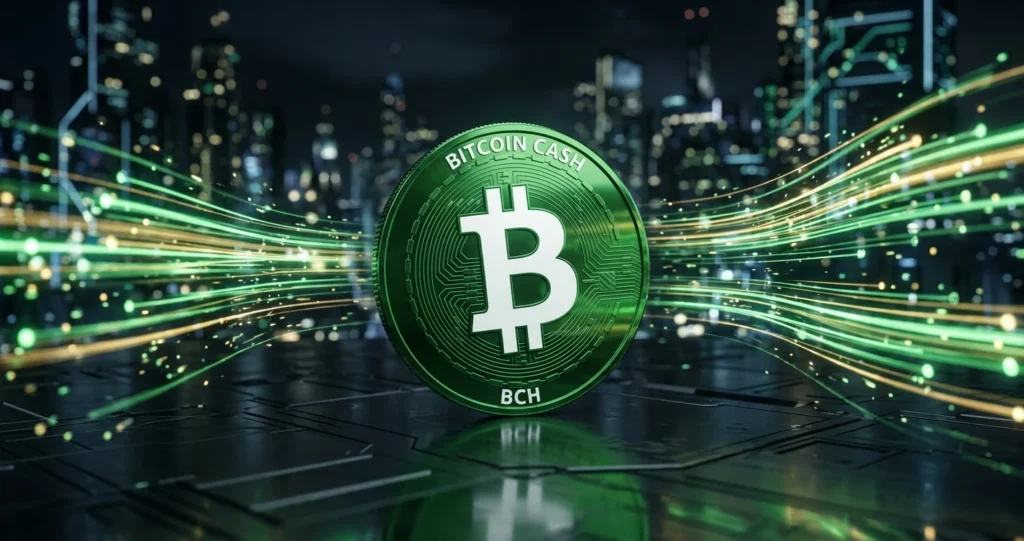 Green Bitcoin Cash (BCH) coin with glowing light streaks on a dark blockchain background
