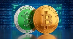 Bitcoin Cash (BCH) and Bitcoin (BTC) coins side by side on a digital binary code background