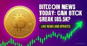 Bitcoin price today trading screen with BTC/USDT candlestick chart and gold Bitcoin and Ethereum coins on a desk