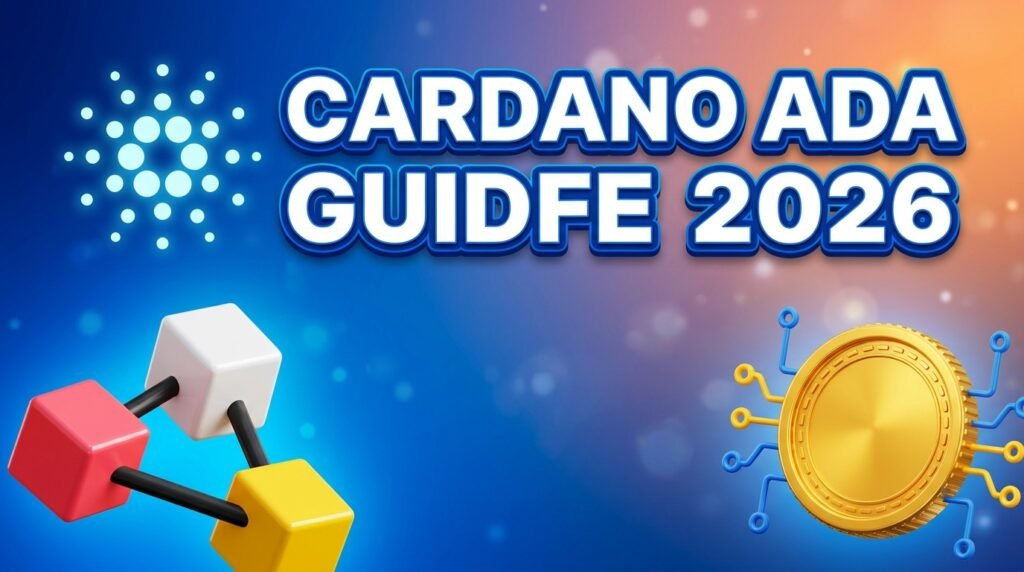 Cardano ADA blockchain guide cover image with gold coin and blockchain cubes