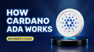 How Cardano ADA works beginner's guide with Cardano coin on a podium