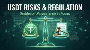 Scale balancing a Tether USDT token against regulation documents and a gavel