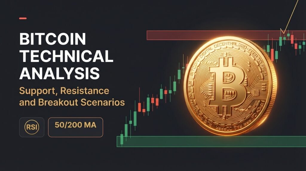Bitcoin technical analysis concept with a golden BTC coin, candlestick chart, support zone and resistance breakout