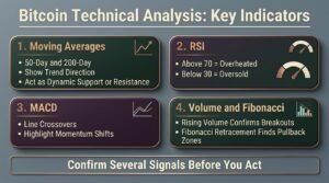 Bitcoin technical analysis indicators including RSI, MACD, and moving averages