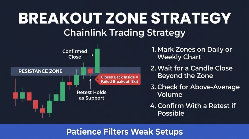 Chart diagram showing four steps to confirm a breakout zone in a Chainlink trading strategy