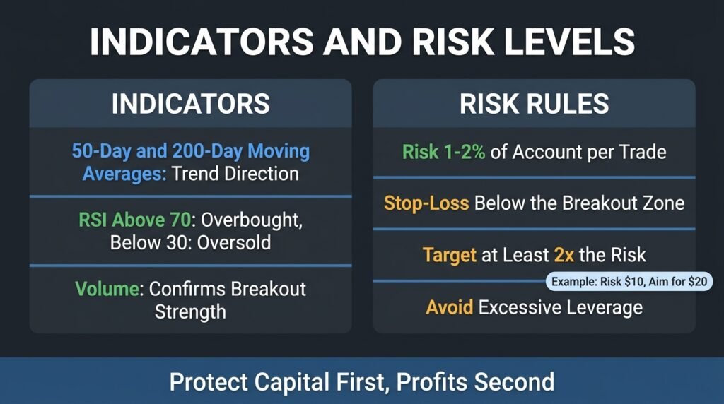 nfographic of moving averages, RSI levels, and 1 to 2 percent risk rules in a Chainlink trading strategy