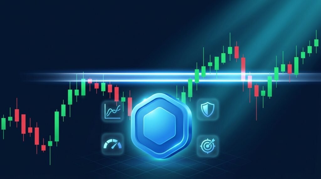 LINK-style coin on a candlestick chart with breakout zones for a Chainlink trading strategy