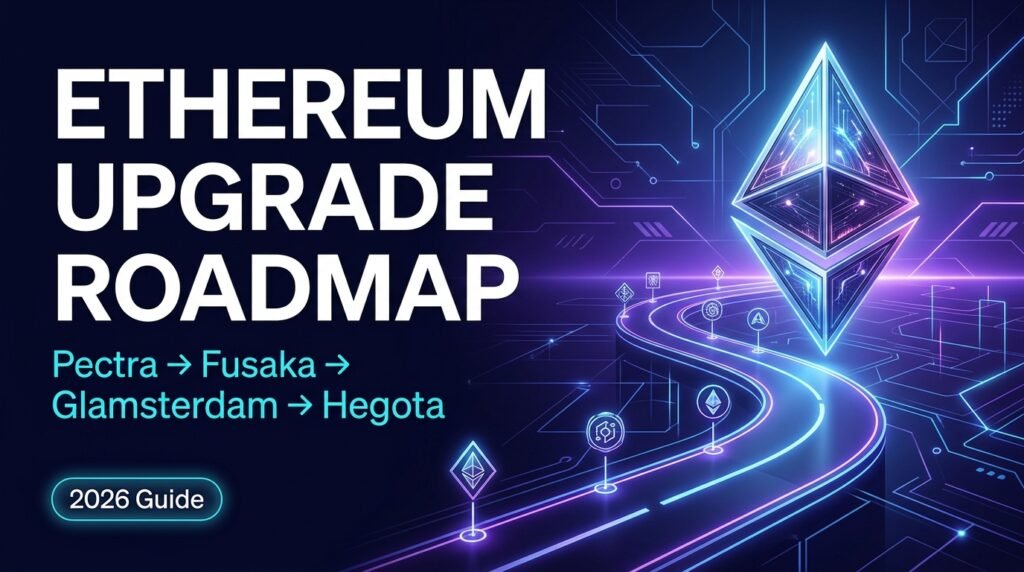 Ethereum upgrade roadmap guide showing the path from Pectra and Fusaka to Glamsterdam and Hegota