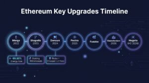 Ethereum upgrade roadmap timeline from Merge, Shapella, Dencun and Pectra to Fusaka, Glamsterdam and Hegota