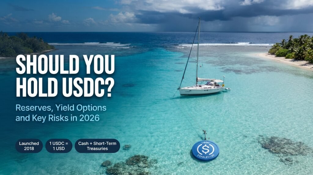 Hold USDC concept with a sailboat anchored in a calm lagoon above a blue USDC coin on the seabed