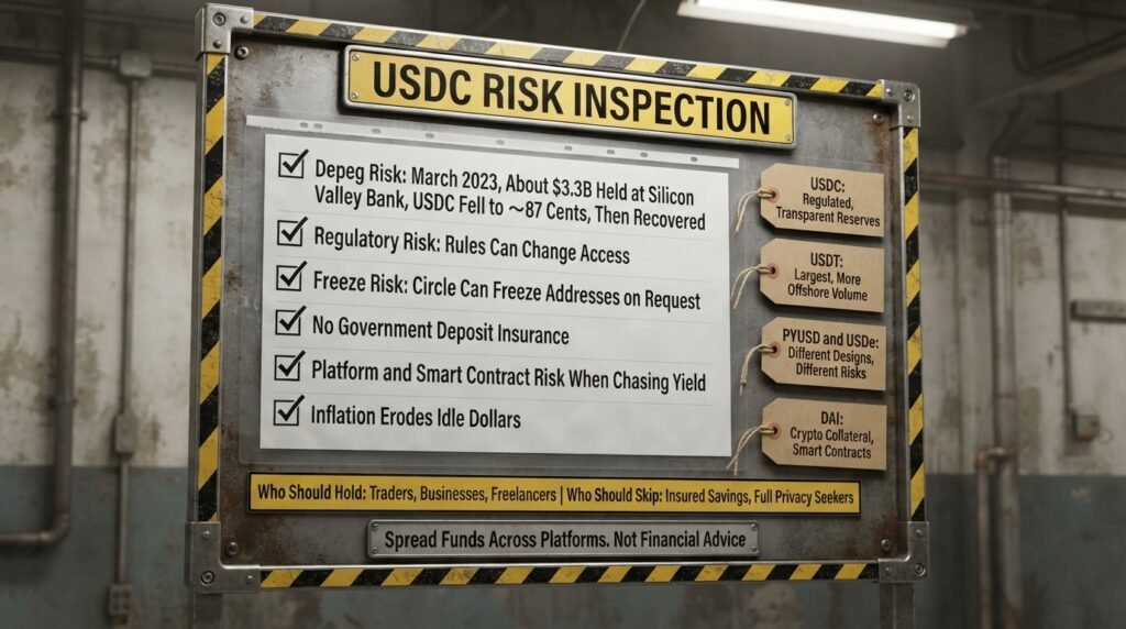 Risks when you hold USDC including depeg, regulation, and platform failure
