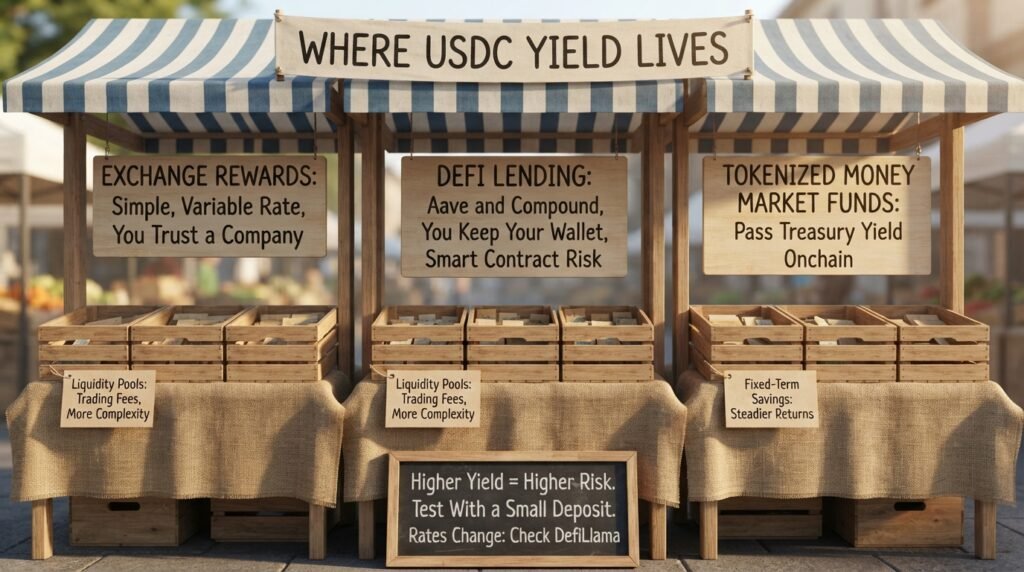 Hold USDC yield options including exchange rewards, DeFi lending, and tokenized funds
