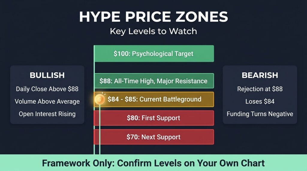Price ladder showing HYPE trading analysis resistance zones at $100 and $88 and support zones at $80 and $70