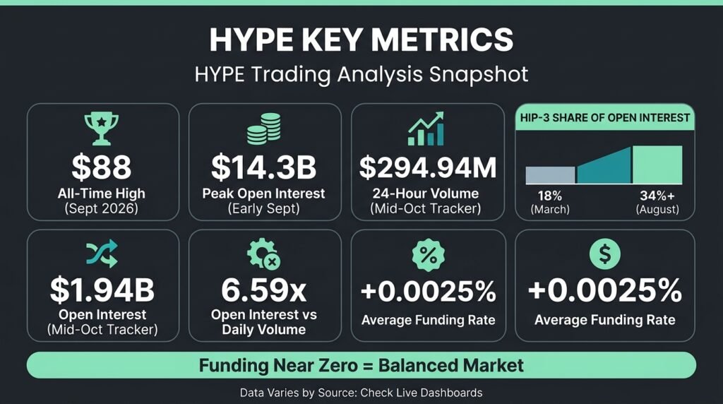 Dashboard infographic of HYPE trading analysis metrics including $14.3 billion open interest, volume, and funding rate