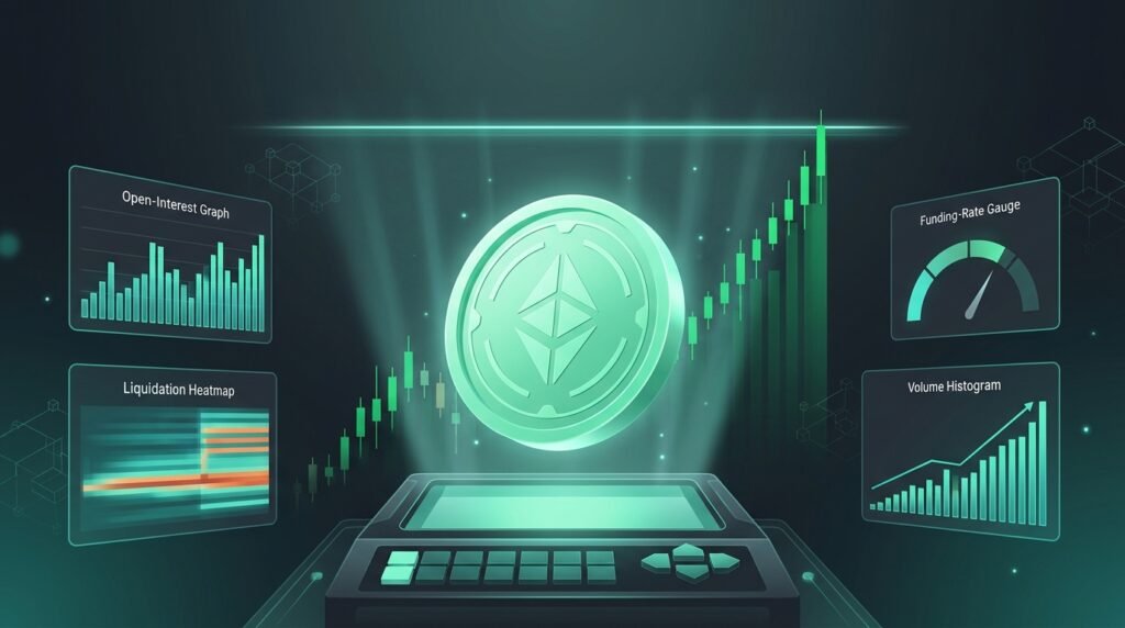 Mint-green coin above a rising chart and trading terminal showing HYPE trading analysis of open interest and price zones