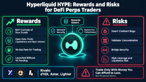 Hyperliquid vs centralized exchanges infographic showing HYPE token rewards like staking and buybacks against smart contract, bridge and leverage risks