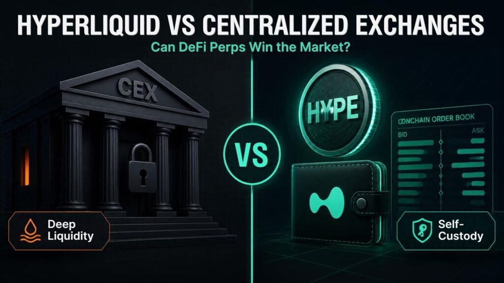 Hyperliquid vs centralized exchanges concept showing a HYPE token and onchain order book facing a centralized exchange building