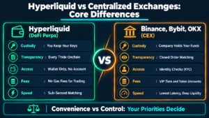 Hyperliquid vs centralized exchanges comparison of custody, transparency, access, fees and speed between DeFi perps and Binance, Bybit and OKX