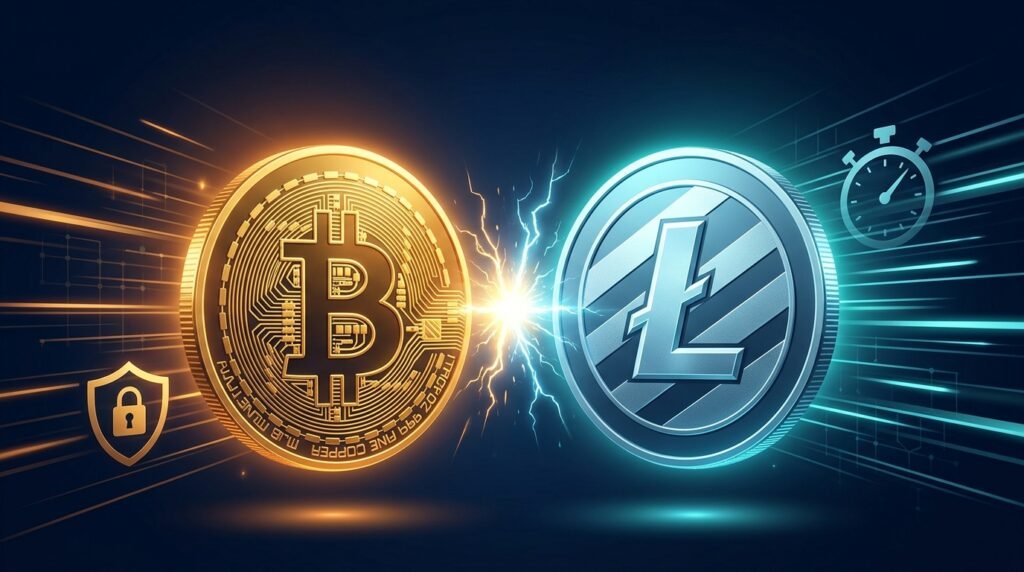 Litecoin (LTC) vs. Bitcoin (BTC): Which Is the Better Choice for Fast, Low-Fee Payments? Litecoin vs Bitcoin coins face to face showing a speed and fee comparison for fast, low-fee payments