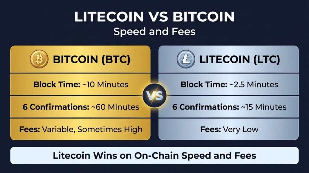 Infographic comparing Litecoin vs Bitcoin block time, confirmation speed, and transaction fees