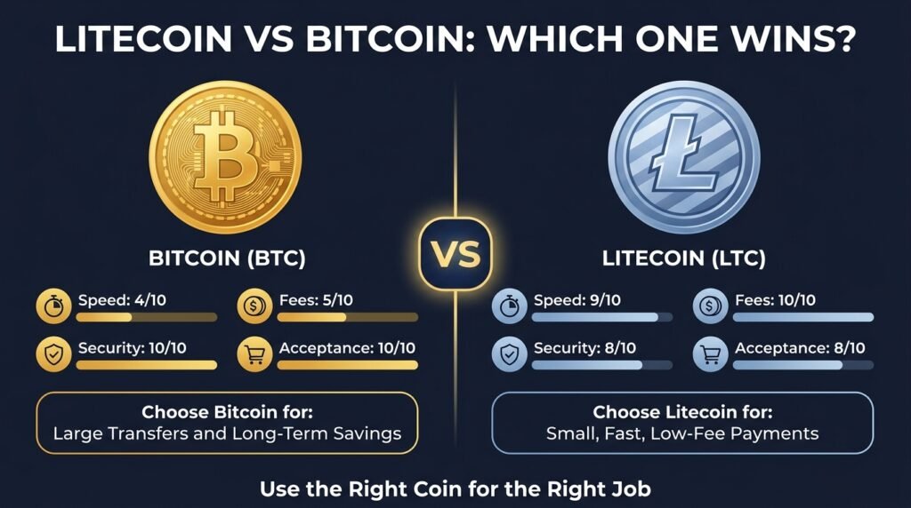 Litecoin vs Bitcoin scorecard comparing speed, fees, security, and best use for fast, low-fee payments