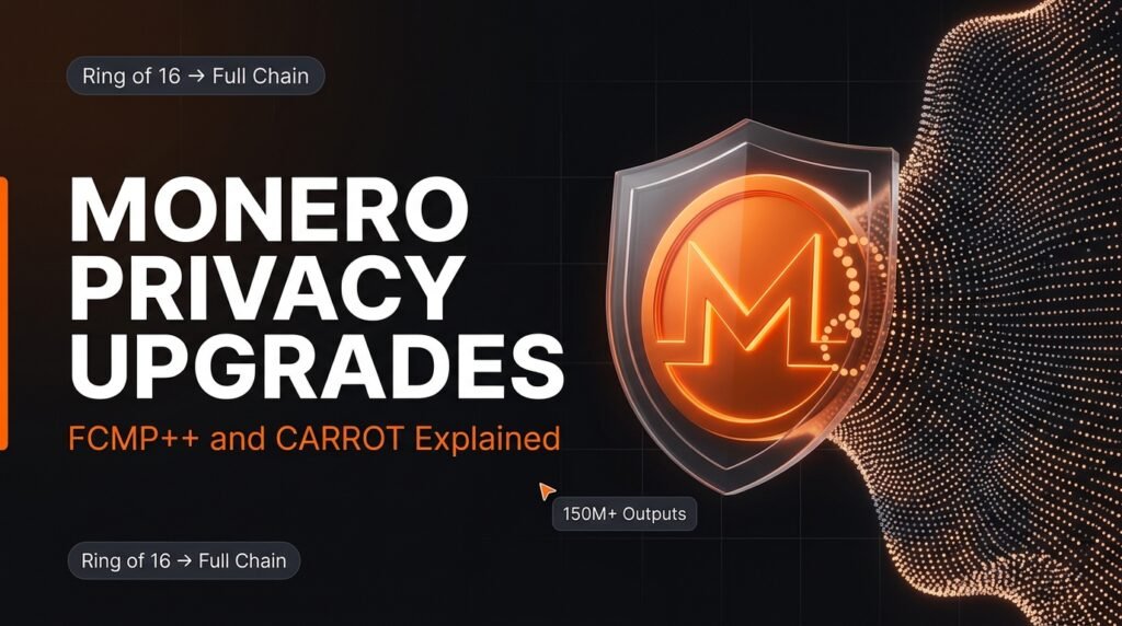 Monero privacy upgrades concept with a glowing orange XMR coin, shield and a small ring expanding into a large anonymity set