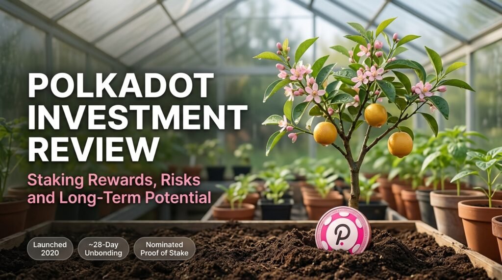 Polkadot investment review concept with a DOT coin growing into a blossoming tree with golden fruit in a greenhouse