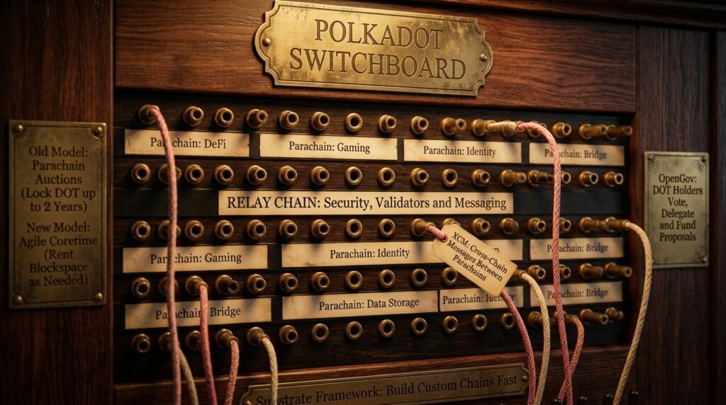 Polkadot investment review switchboard diagram of the relay chain, parachains, XCM messaging and Agile Coretime