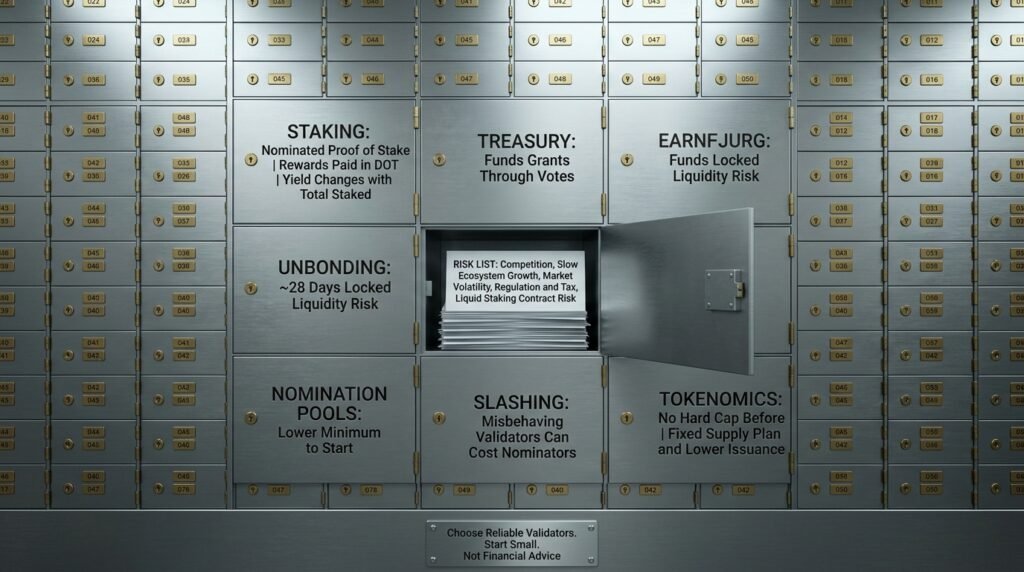 Polkadot investment review safe deposit boxes showing DOT staking, the 28-day unbonding period, slashing risk and tokenomics