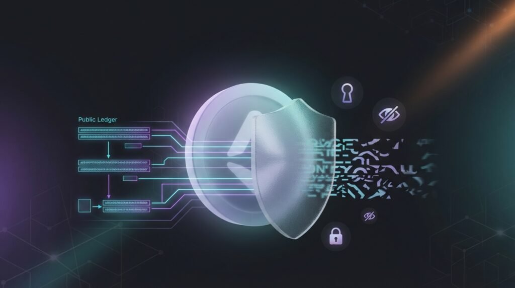 What New Investors Should Know About Privacy Coins Glowing coin behind a frosted glass shield hiding transaction data, showing what privacy coins are for new investors