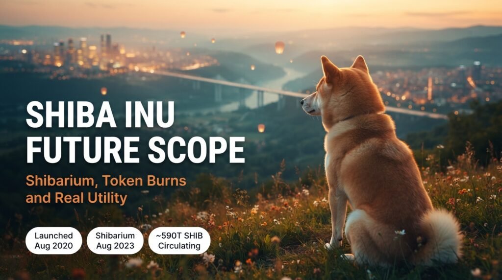 Shiba Inu (SHIB) Future Scope: Can Shibarium and Token Burns Build Real Value? Shiba Inu future scope concept with a Shiba Inu dog on a hilltop overlooking a city connected by a bridge