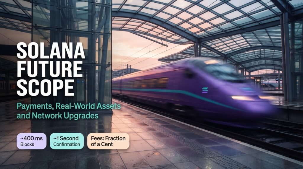 Solana (SOL) Future Scope: Can It Become the Go-To Chain for Payments and Real-World Assets? Solana future scope concept with a purple high-speed train streaking through a station at dawn