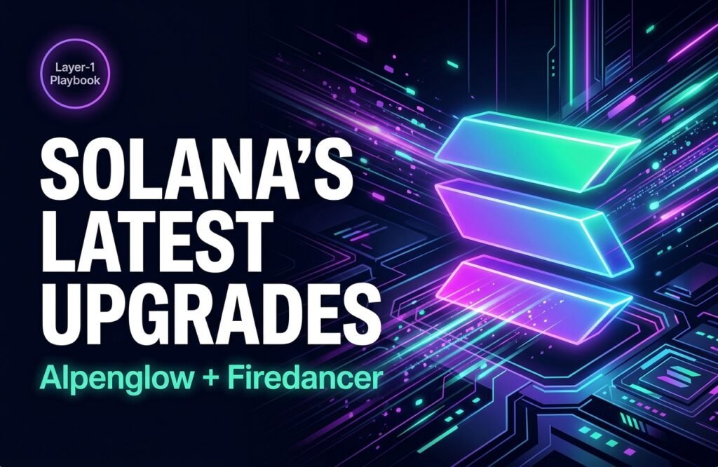 Solana's latest upgrades Alpenglow and Firedancer shown with glowing Solana logo and speed lines