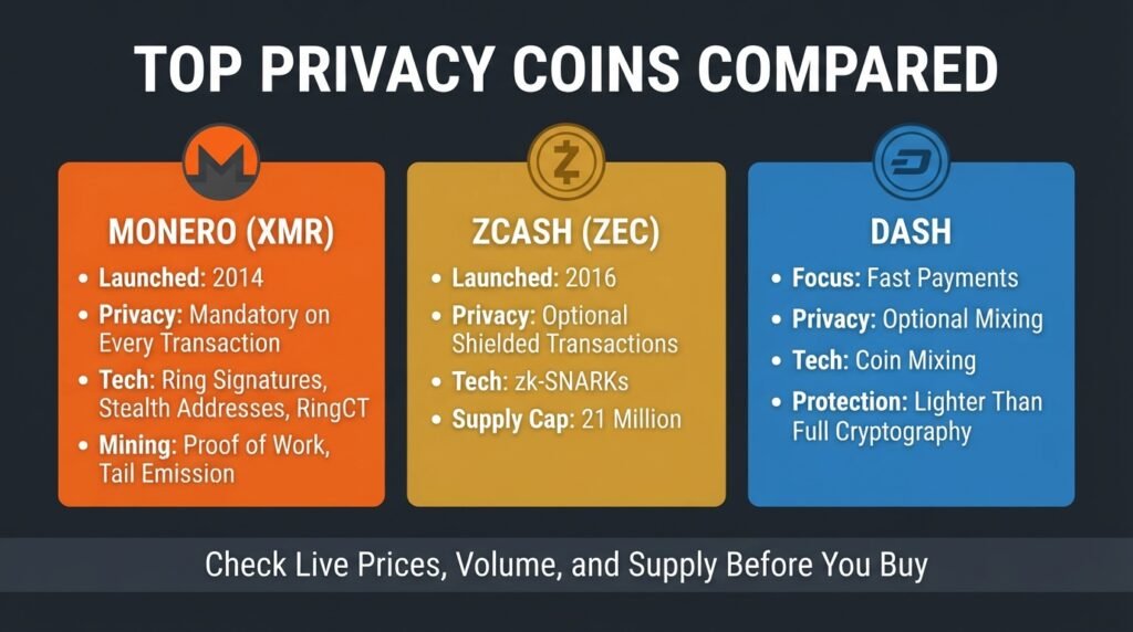 Top privacy coins Monero, Zcash, and Dash compared