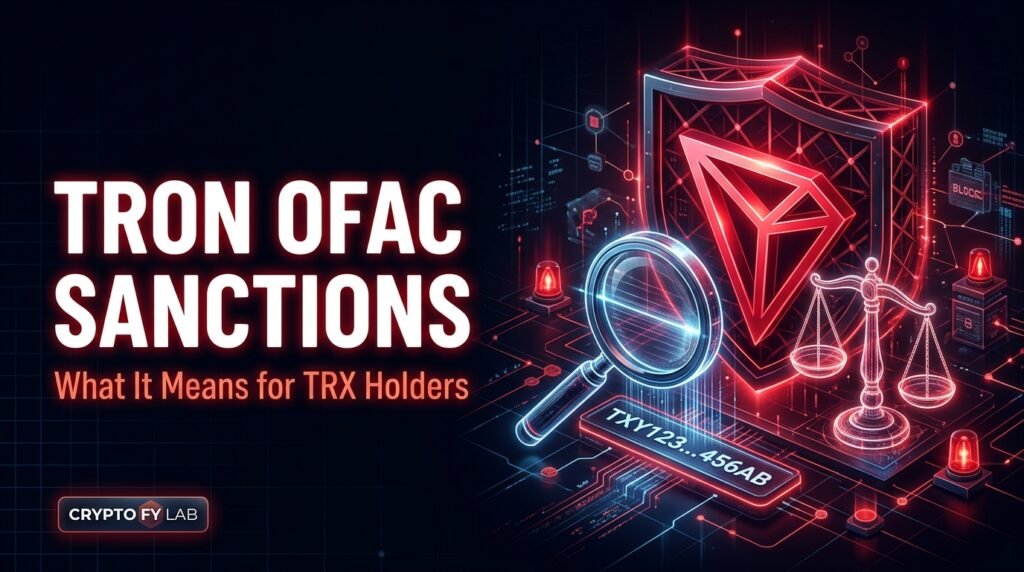 TRON OFAC sanctions concept with glowing TRON logo, legal scale and magnifying glass scanning a wallet address