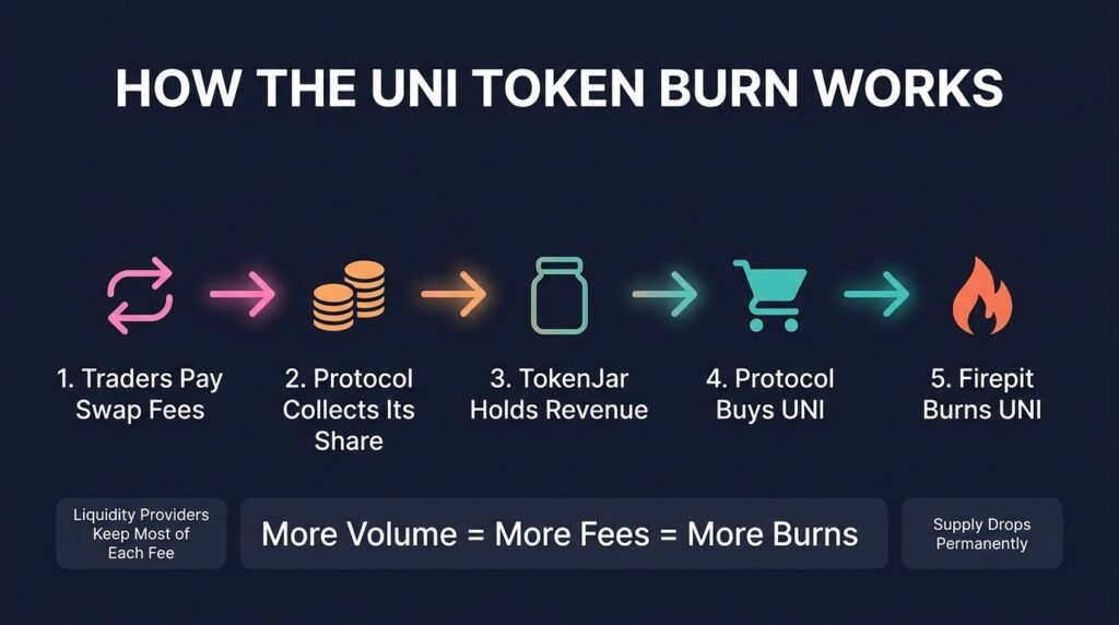 Step-by-step diagram of how the Uniswap fee switch collects swap fees and burns UNI through TokenJar and Firepit
