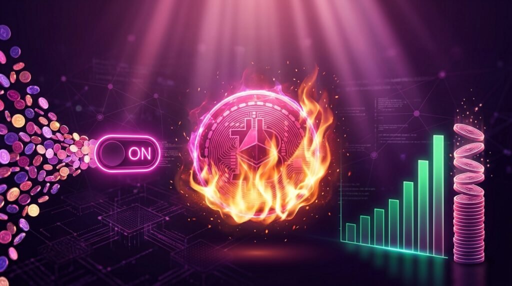 Glowing pink token burning in flames beside swap fee streams showing how the Uniswap fee switch burns UNI